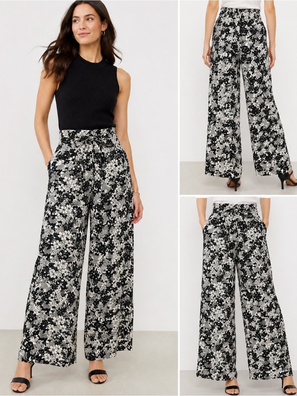Ann Taylor Black & White Floral Wide-Leg Pants
